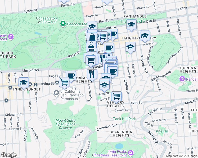 map of restaurants, bars, coffee shops, grocery stores, and more near 9600 Stanyan Street in San Francisco