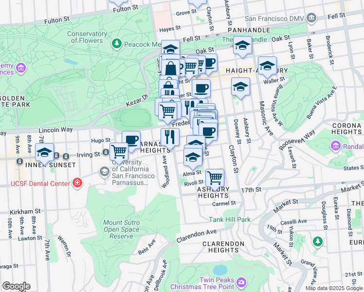 map of restaurants, bars, coffee shops, grocery stores, and more near 9600 Stanyan Street in San Francisco