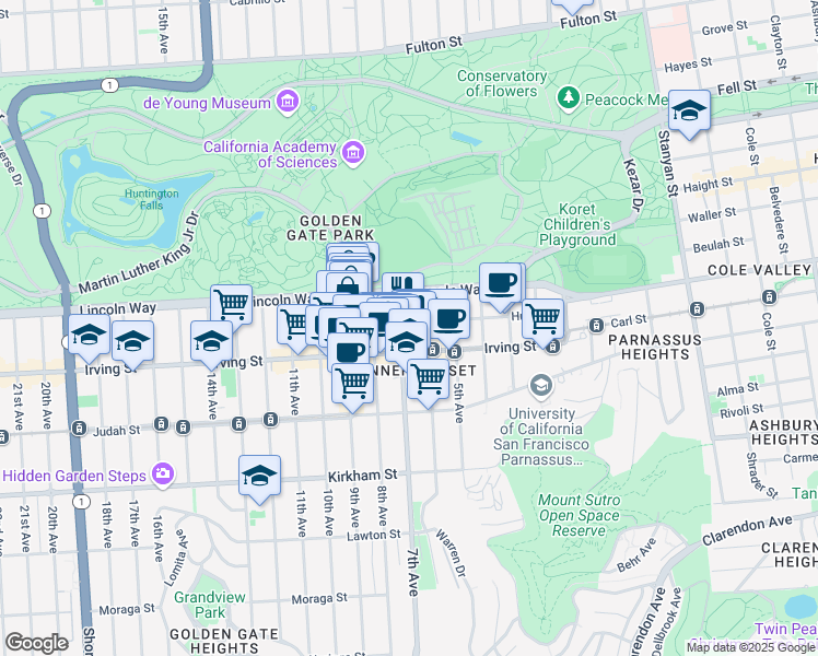 map of restaurants, bars, coffee shops, grocery stores, and more near 1221 7th Avenue in San Francisco