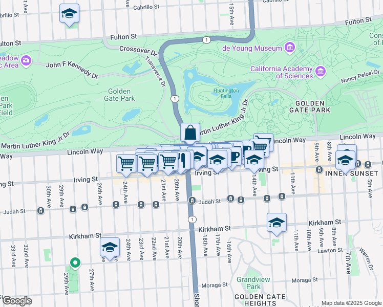 map of restaurants, bars, coffee shops, grocery stores, and more near 1717 Lincoln Way in San Francisco