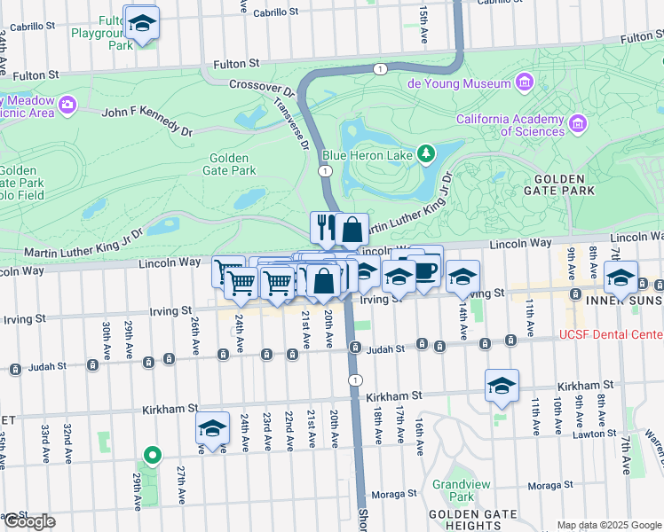 map of restaurants, bars, coffee shops, grocery stores, and more near 1849 Lincoln Way in San Francisco