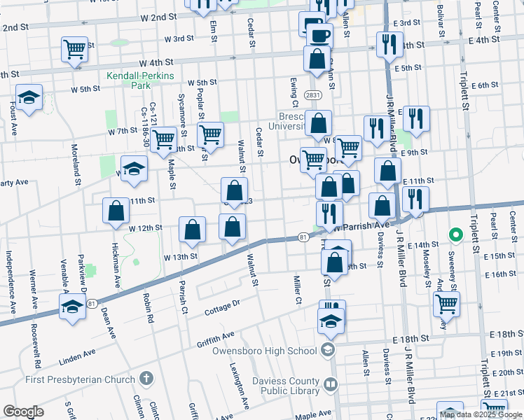 map of restaurants, bars, coffee shops, grocery stores, and more near 601-603 West 11th Street in Owensboro