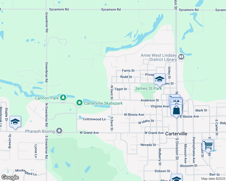 map of restaurants, bars, coffee shops, grocery stores, and more near 510 North Dent Street in Carterville