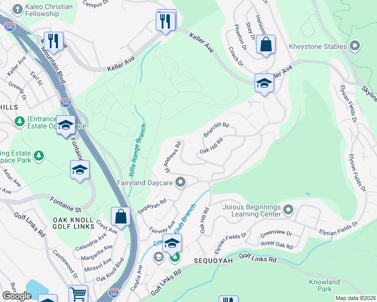 map of restaurants, bars, coffee shops, grocery stores, and more near 4400 Saint Andrews Road in Oakland