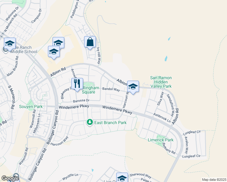 map of restaurants, bars, coffee shops, grocery stores, and more near 852 Bandol Way in San Ramon