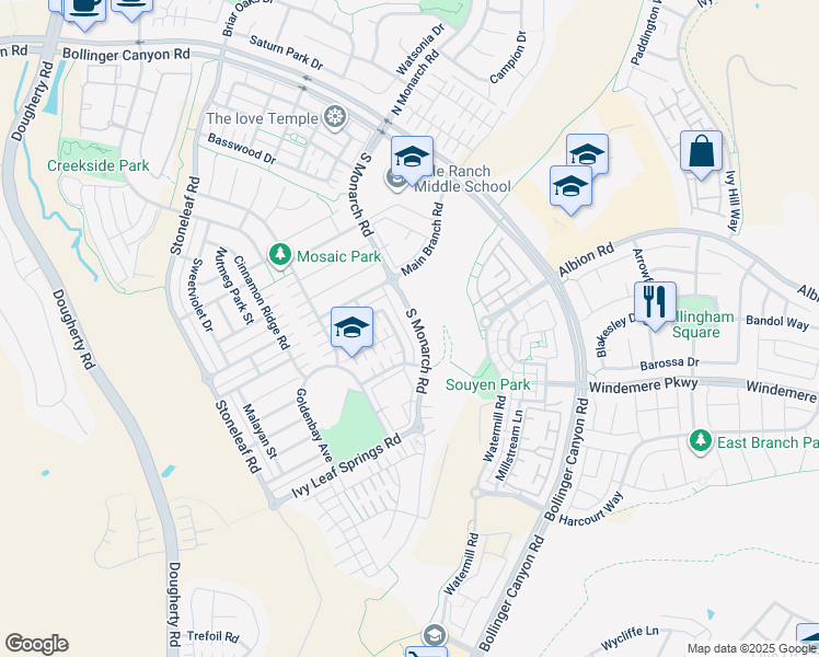 map of restaurants, bars, coffee shops, grocery stores, and more near 1038 South Monarch Road in San Ramon