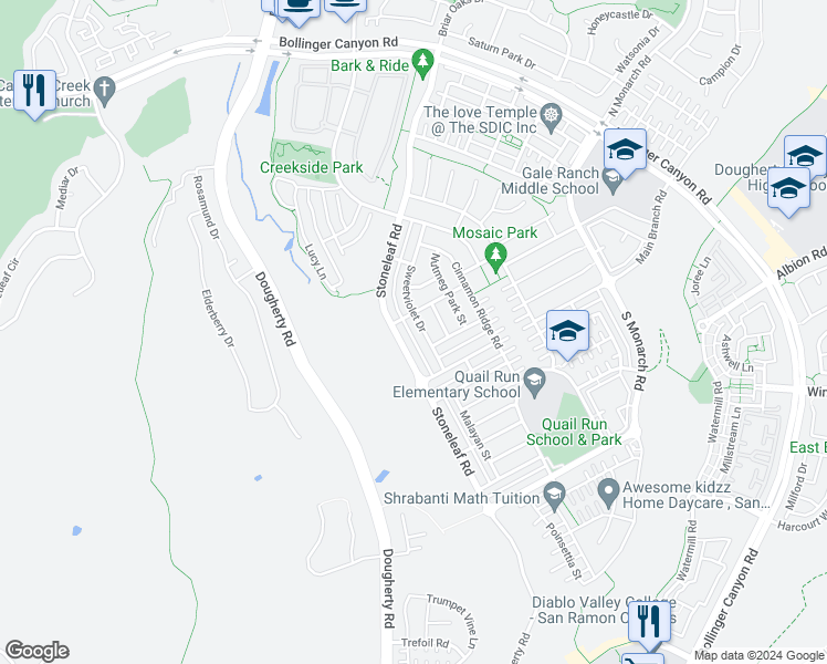 map of restaurants, bars, coffee shops, grocery stores, and more near 3047 Sweetviolet Drive in San Ramon
