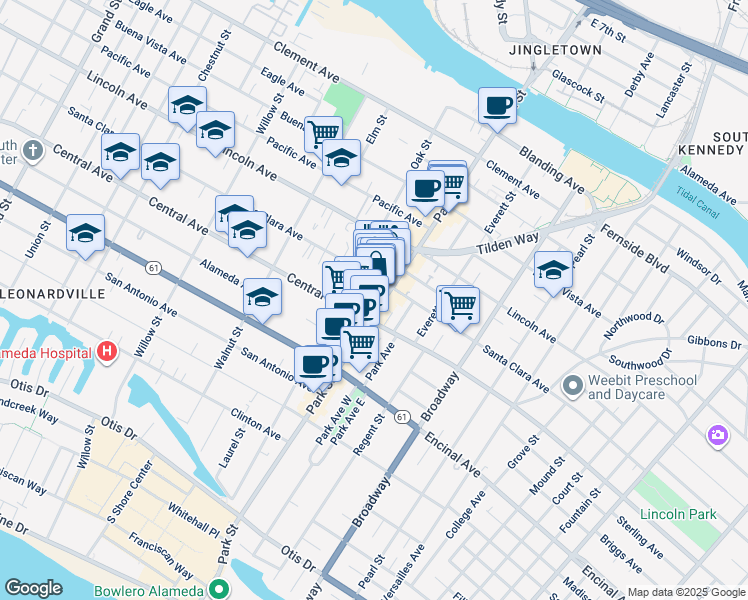 map of restaurants, bars, coffee shops, grocery stores, and more near 2318 Santa Clara Avenue in Alameda