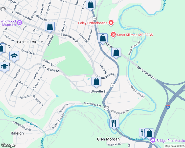 map of restaurants, bars, coffee shops, grocery stores, and more near 2403 South Kanawha Street in Beckley