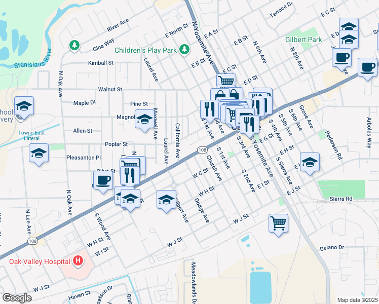 map of restaurants, bars, coffee shops, grocery stores, and more near 301 Poplar Street in Oakdale