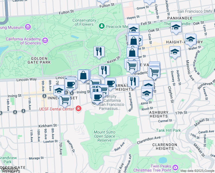map of restaurants, bars, coffee shops, grocery stores, and more near Carl St & Hillway Ave in San Francisco