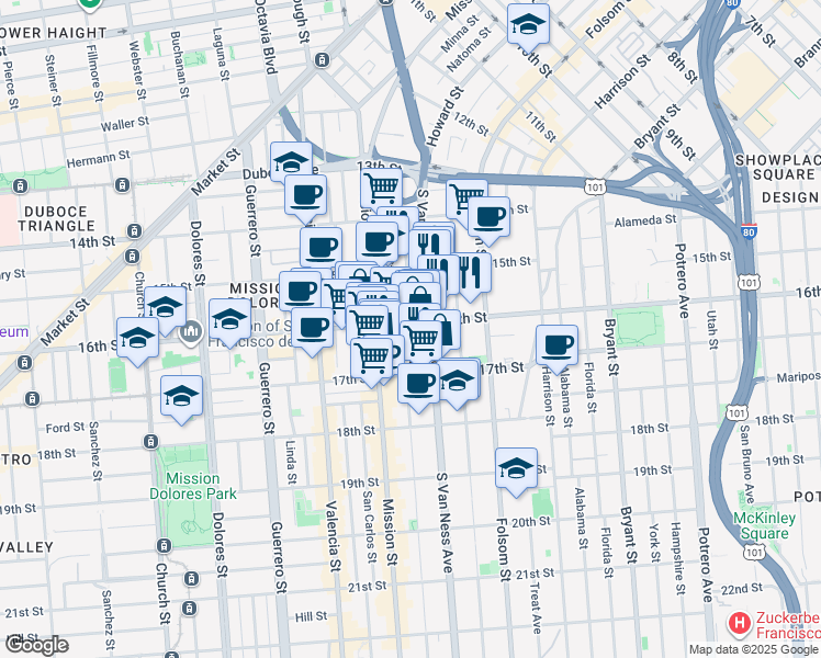 map of restaurants, bars, coffee shops, grocery stores, and more near 2931 16th Street in San Francisco