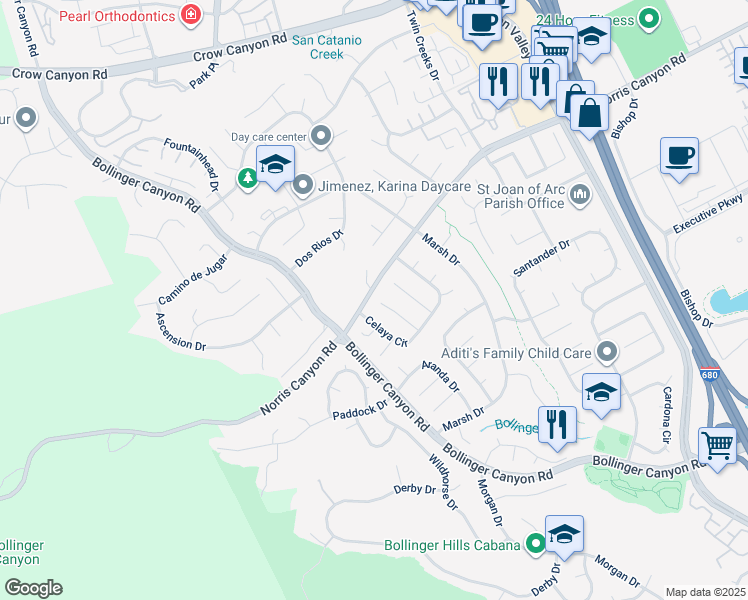 map of restaurants, bars, coffee shops, grocery stores, and more near 2632 Campeche Court in San Ramon