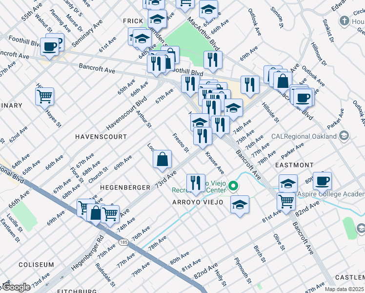 map of restaurants, bars, coffee shops, grocery stores, and more near 7108 Fresno Street in Oakland