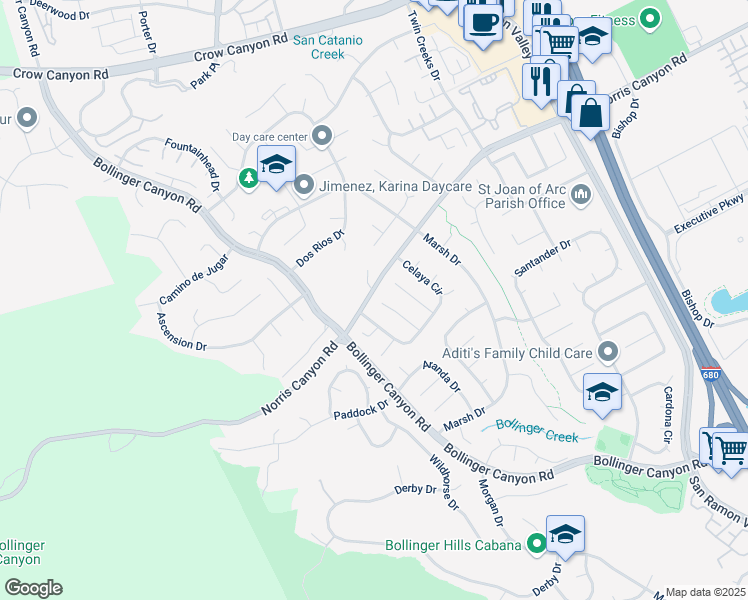 map of restaurants, bars, coffee shops, grocery stores, and more near 2632 Campeche Court in San Ramon