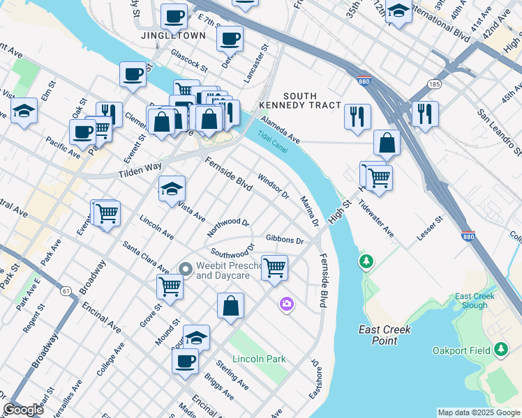map of restaurants, bars, coffee shops, grocery stores, and more near 1831 Harvard Drive in Alameda