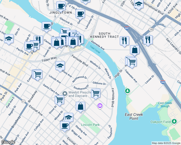 map of restaurants, bars, coffee shops, grocery stores, and more near 1831 Harvard Drive in Alameda