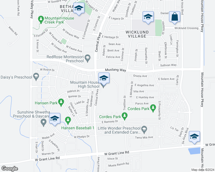 map of restaurants, bars, coffee shops, grocery stores, and more near 1090 South Central Parkway in Tracy