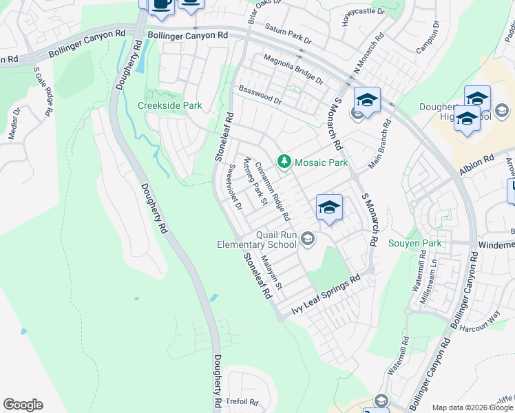 map of restaurants, bars, coffee shops, grocery stores, and more near 3308 Nutmeg Park Street in San Ramon