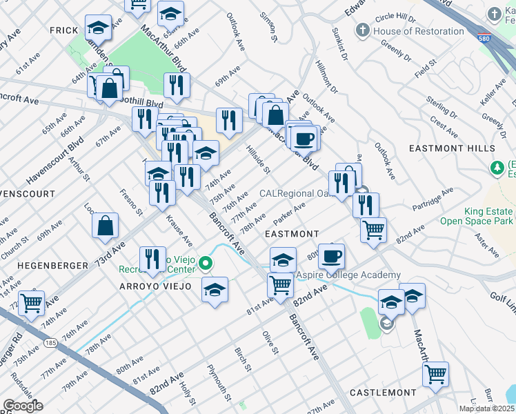 map of restaurants, bars, coffee shops, grocery stores, and more near 2640 77th Avenue in Oakland
