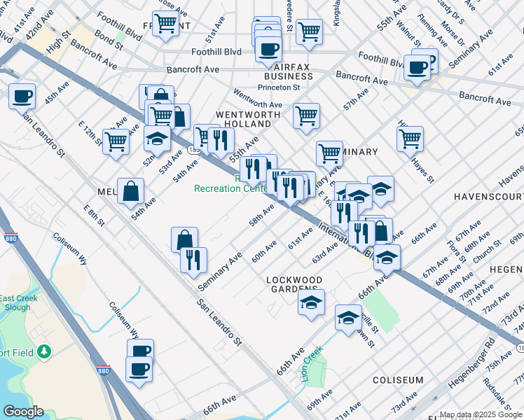 map of restaurants, bars, coffee shops, grocery stores, and more near 1313 58th Avenue in Oakland