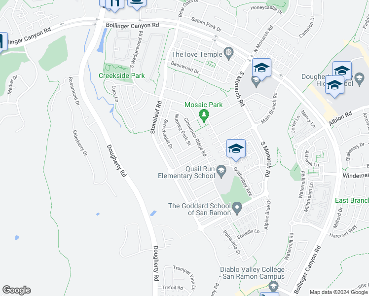 map of restaurants, bars, coffee shops, grocery stores, and more near 3200 Spicewood Lane in San Ramon