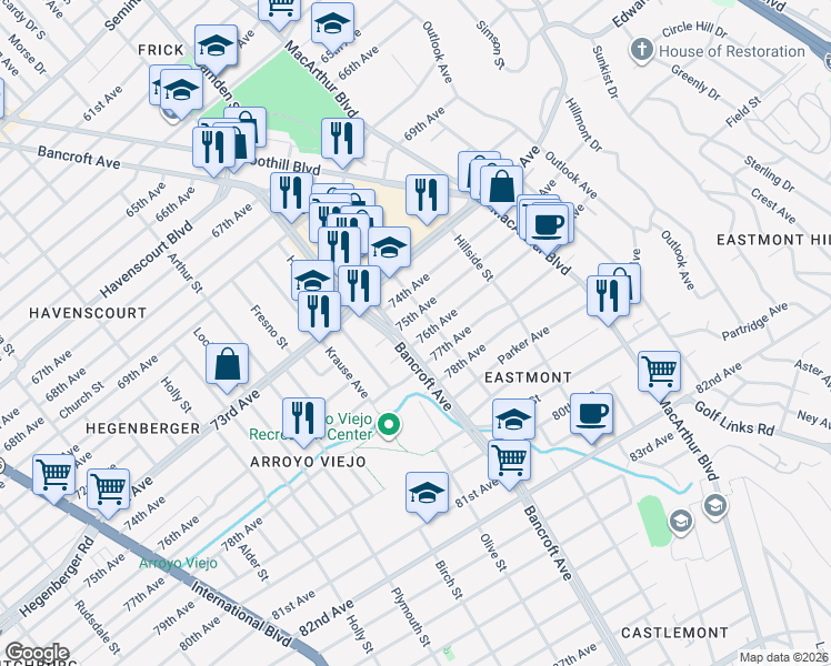 map of restaurants, bars, coffee shops, grocery stores, and more near in Oakland