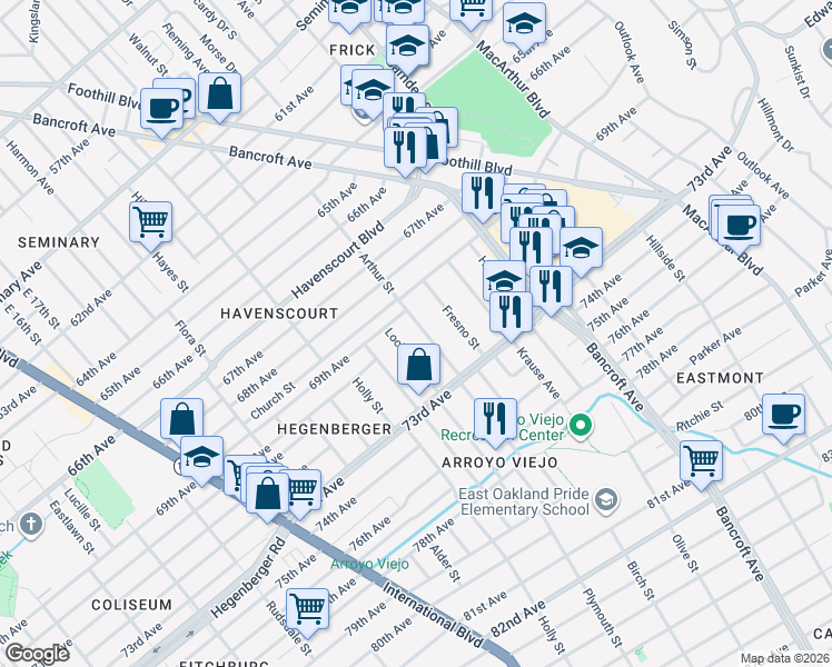 map of restaurants, bars, coffee shops, grocery stores, and more near 2132 69th Avenue in Oakland