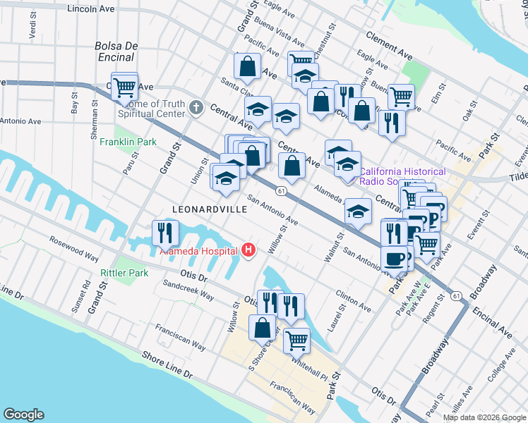 map of restaurants, bars, coffee shops, grocery stores, and more near 2033 San Antonio Avenue in Alameda