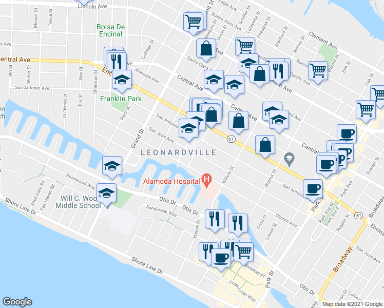 map of restaurants, bars, coffee shops, grocery stores, and more near 1835 San Jose Avenue in Alameda