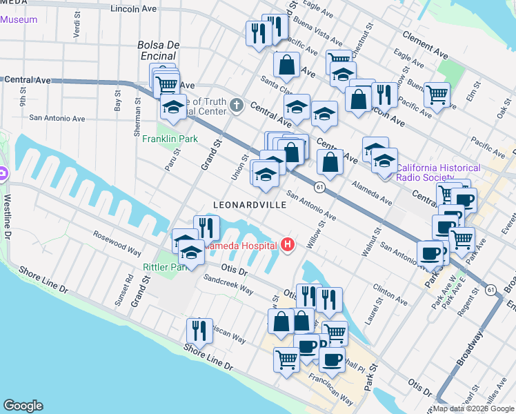 map of restaurants, bars, coffee shops, grocery stores, and more near 1835 San Jose Avenue in Alameda