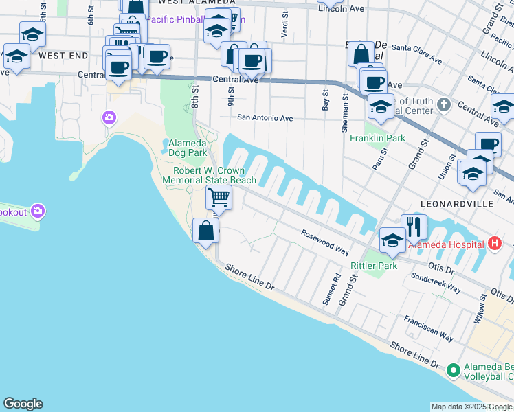 map of restaurants, bars, coffee shops, grocery stores, and more near 1002 Otis Drive in Alameda