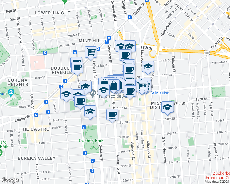 map of restaurants, bars, coffee shops, grocery stores, and more near in San Francisco