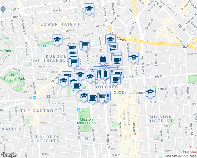 map of restaurants, bars, coffee shops, grocery stores, and more near 259 Dolores Street in San Francisco