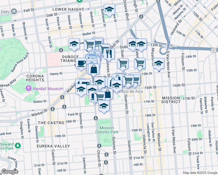 map of restaurants, bars, coffee shops, grocery stores, and more near 240 Dolores Street in San Francisco