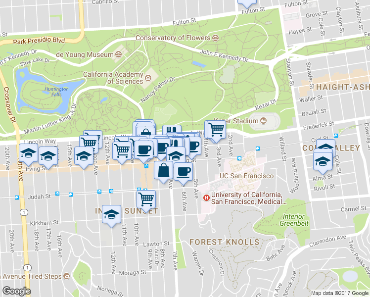 map of restaurants, bars, coffee shops, grocery stores, and more near 1234 6th Avenue in San Francisco