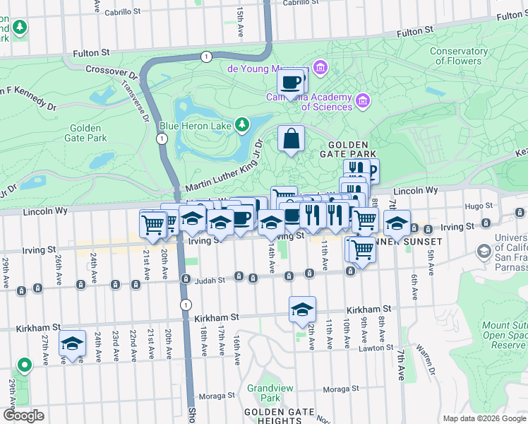 map of restaurants, bars, coffee shops, grocery stores, and more near 1301 Lincoln Way in San Francisco