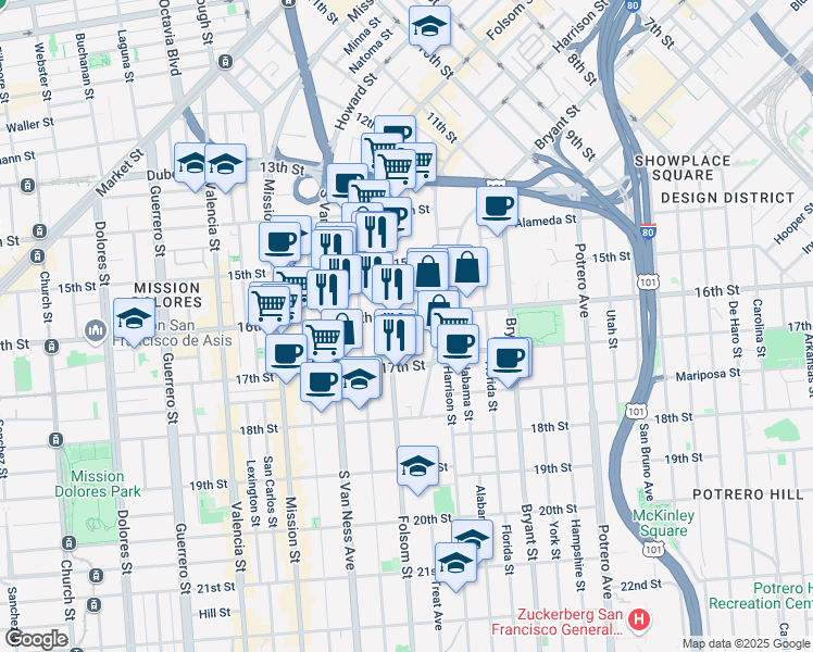 map of restaurants, bars, coffee shops, grocery stores, and more near 2740 16th Street in San Francisco