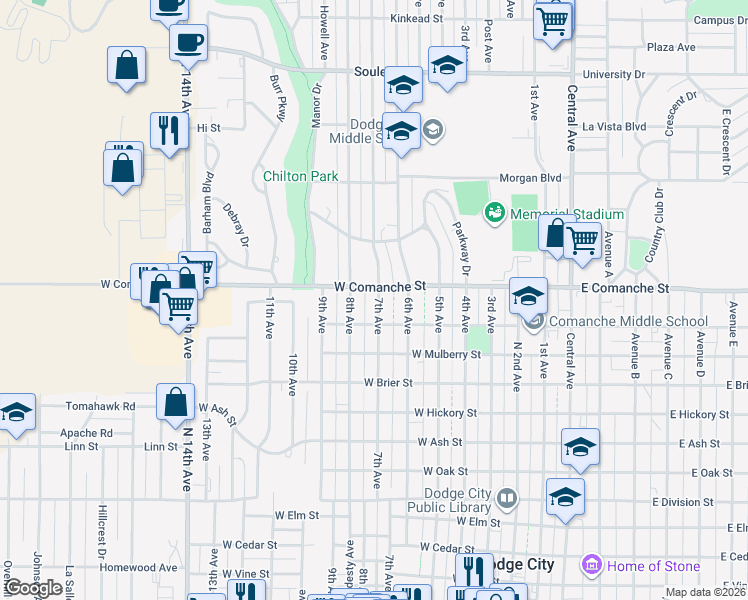 map of restaurants, bars, coffee shops, grocery stores, and more near 714-798 West Comanche Street in Dodge City