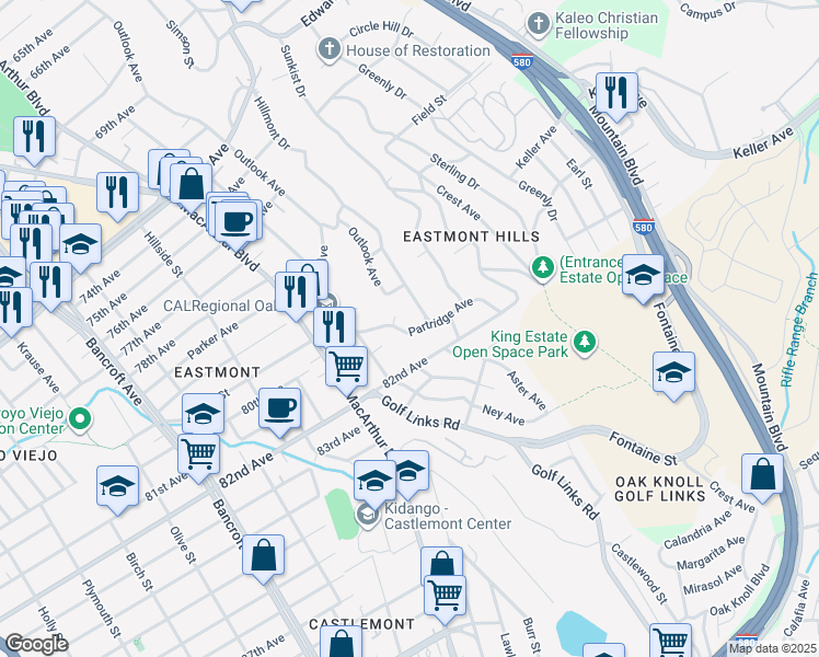 map of restaurants, bars, coffee shops, grocery stores, and more near 3025 Partridge Avenue in Oakland