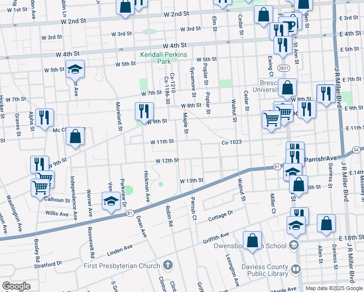 map of restaurants, bars, coffee shops, grocery stores, and more near 1001-1099 West 11th Street in Owensboro