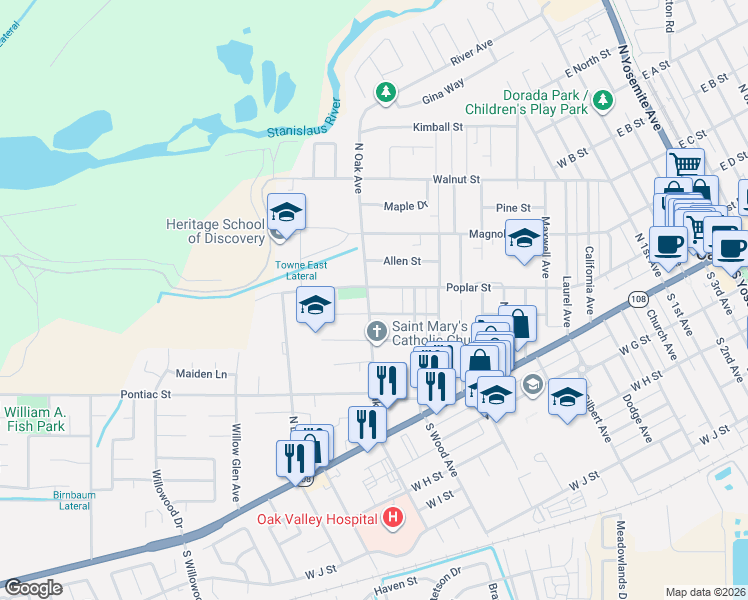 map of restaurants, bars, coffee shops, grocery stores, and more near 230 North Oak Avenue in Oakdale