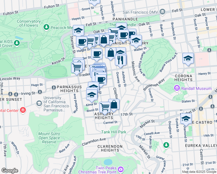 map of restaurants, bars, coffee shops, grocery stores, and more near Belvedere Street in San Francisco