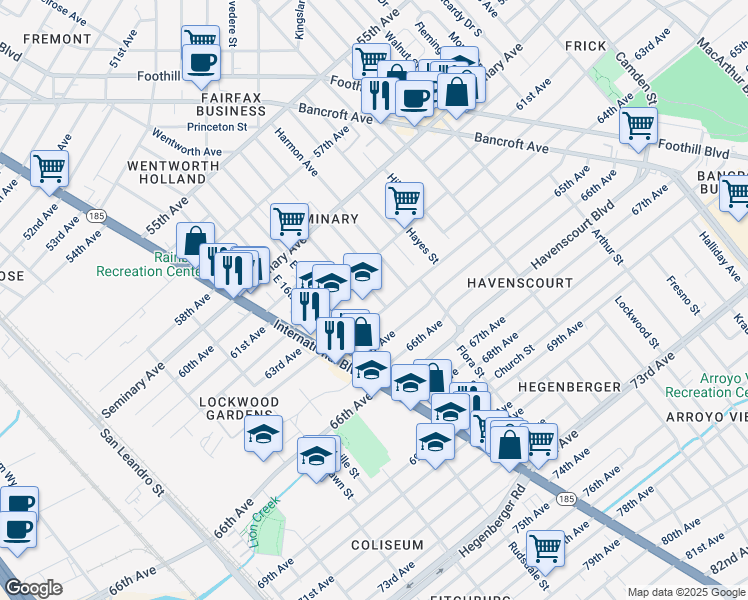 map of restaurants, bars, coffee shops, grocery stores, and more near 6253 Bromley Avenue in Oakland
