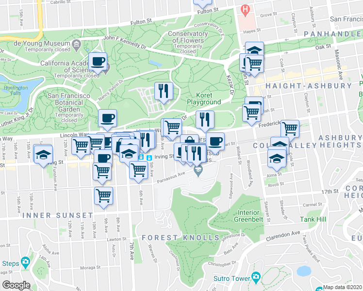 map of restaurants, bars, coffee shops, grocery stores, and more near 127 Hugo Street in San Francisco