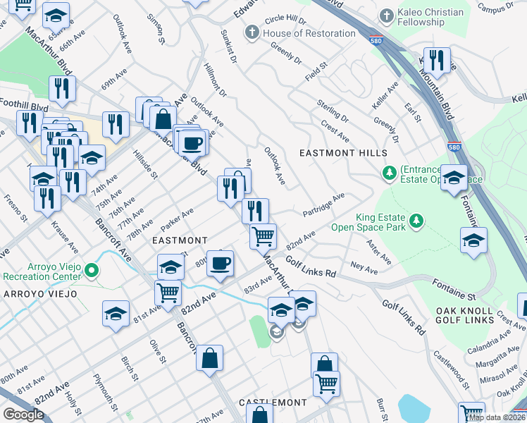 map of restaurants, bars, coffee shops, grocery stores, and more near 7950 Ney Avenue in Oakland
