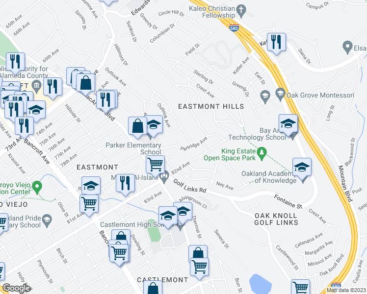 map of restaurants, bars, coffee shops, grocery stores, and more near 3025 Partridge Avenue in Oakland