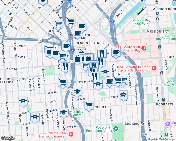 map of restaurants, bars, coffee shops, grocery stores, and more near in San Francisco