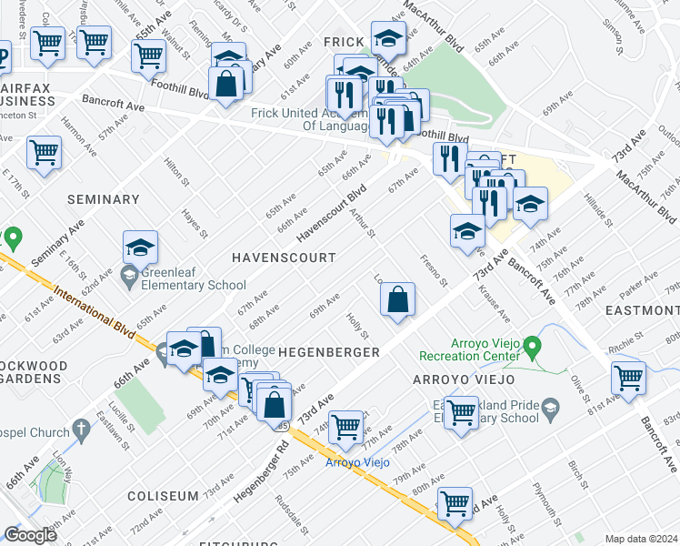 map of restaurants, bars, coffee shops, grocery stores, and more near 2079 Church Street in Oakland