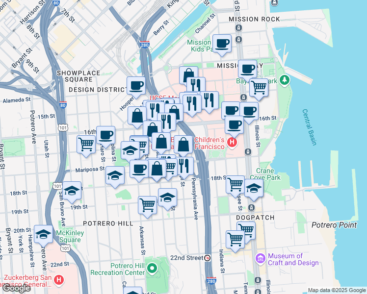 map of restaurants, bars, coffee shops, grocery stores, and more near 98 Pennsylvania Avenue in San Francisco